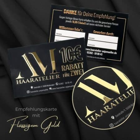 Empfehlungskarte / Kunden werben Kunden / Gutscheinkarte mit flüssigem Gold oder Silber