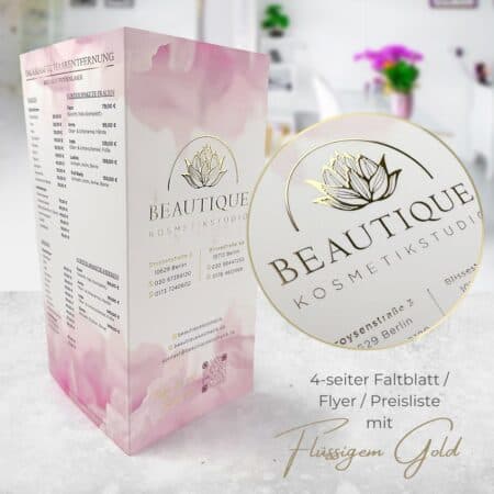 Exklusiver 4-seitiger Flyer / Faltblatt mit flüssigem Gold oder  Silber
